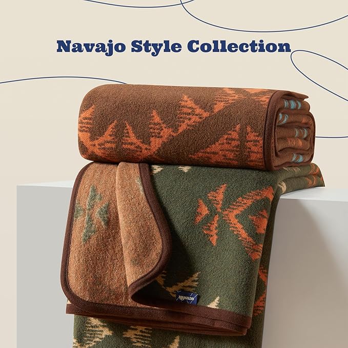 ACUSHLA Merino Wool Blanket - Soft Warm Thick Washable Large Throw Blanket for Camping Bed Couch Outdoor Travel All Weather, Navajo Style Brown 79X63