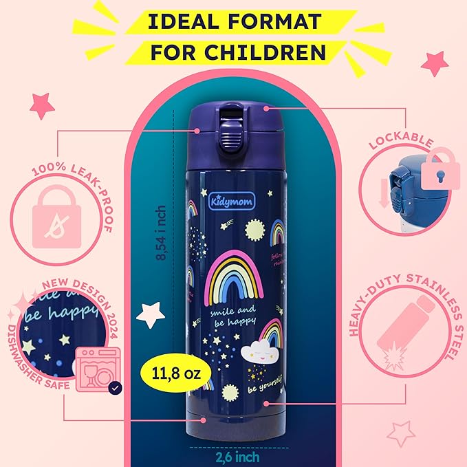 Stainless Steel Water Bottle Kids 12 oz With Carrying Pouch| Insulated Water Bottle For Kid, Toddler, Girls, Boys or Teen | Leakproof, BPA-Free | Little Metal Tumbler for School | Rainbow Girl