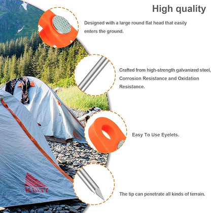 10PCS Tent Stakes Heavy Duty Camping Tent Stakes 7Inch Non-Rust Metal Tent Pegs with 10pcs Rubber Protective Sleeve (Orange)