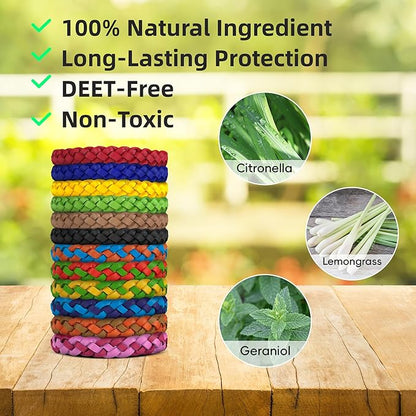 24 Pack Mosquito Repellent Bracelets, DEET-Free, Individually Wrapped PU Leather Insect & Bug Repellent Wrist Bands