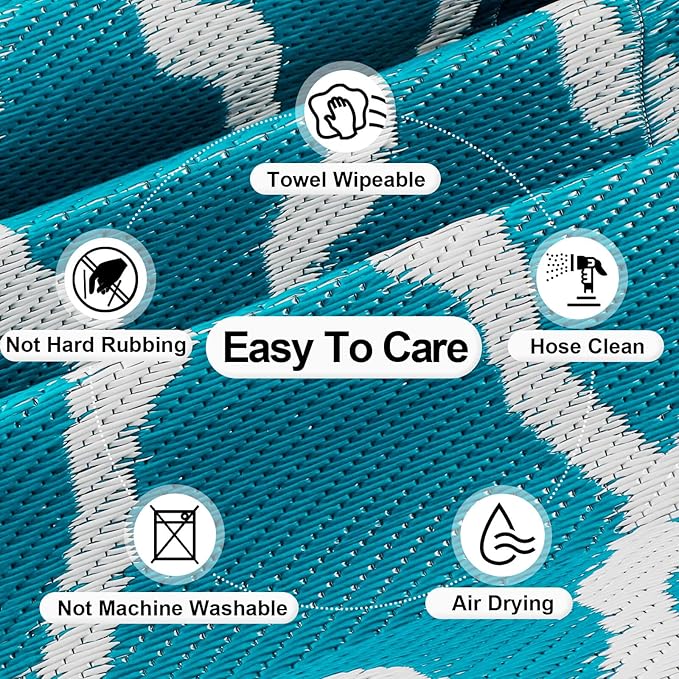 OutdoorLines Outdoor Plastic Area Rugs for Patio 4x6 ft - Reversible Outside Carpet, Stain & UV Resistant RV Mats, Straw Rug for Camping, Deck Garden, Porch and Balcony, Moroccan Teal & Light Grey