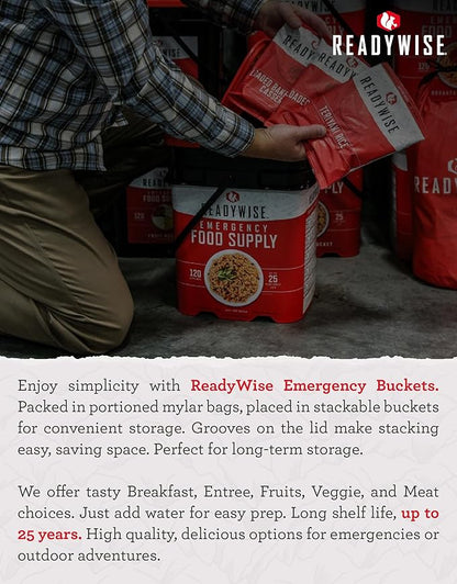 READYWISE - Emergency Food Supply Bucket, 120 Servings, MRE Meal Food Supply, Premade, Freeze Dried Survival Food for Hiking, Adventure & Camping Essentials, Individually Packaged, 25 Year Shelf Life