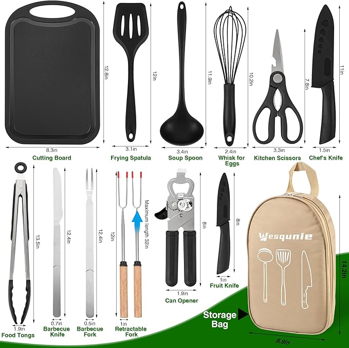 Camping Essentials Cookware Cooking Utensils Set - Camping Kitchen Utensils, Portable Outdoor Accessories, Stainless Steel & Silicone, Camping Gear Equipment for RV Picnic Grill