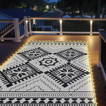 8x10ft Waterproof Outdoor Rug with LED Lights, Boho Reversible Plastic Straw Mat for Patio RV Camping Picnic Balcony Beach Deck Indoor Outdoor Carpet, Black&White
