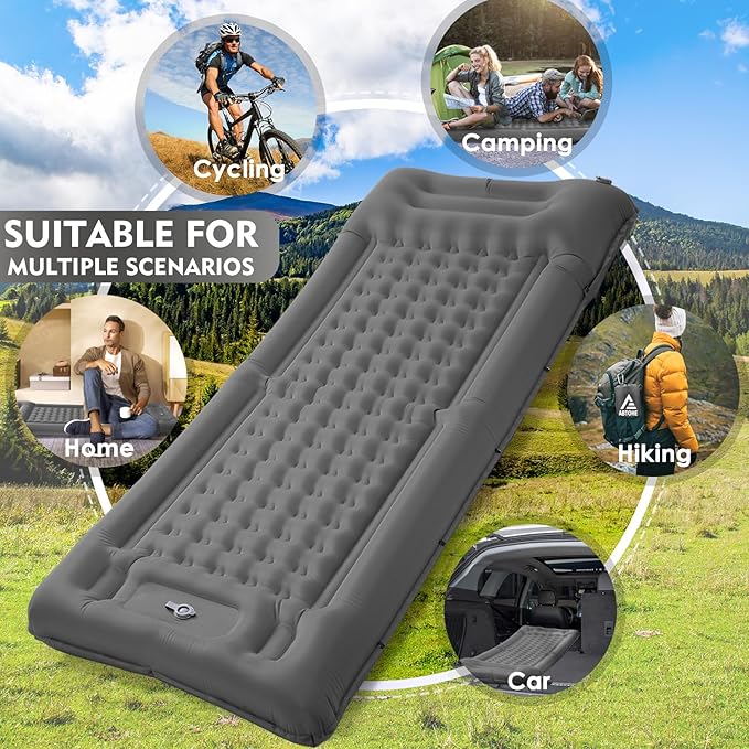 Camping Sleeping Pads，Extra Thick 5 Inch Inflatable Sleeping Mat with Pillow Built-in Pump，Oversized Mattress Super Portable Backpacking Sleeping Pad (Grey-Single)