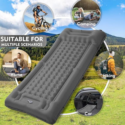 Camping Sleeping Pads，Extra Thick 5 Inch Inflatable Sleeping Mat with Pillow Built-in Pump，Oversized Mattress Super Portable Backpacking Sleeping Pad (Grey-Single)