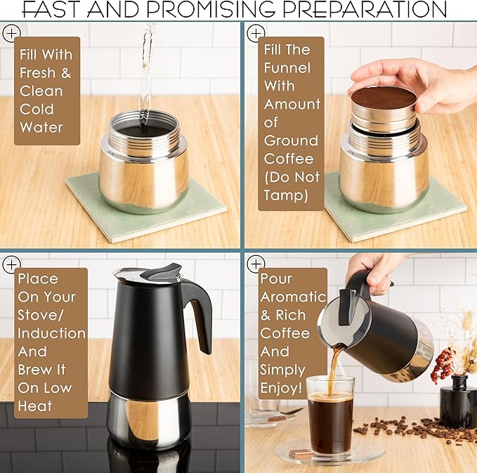 Mixpresso 6 Cup Greca Stovetop Espresso Maker 10oz, Moka Pot with Coffee Percolator Design, Stainless Steel Stove Top Coffee Maker for Camping or Home, Italian Coffee Maker Stovetop, Black Coffee Pot