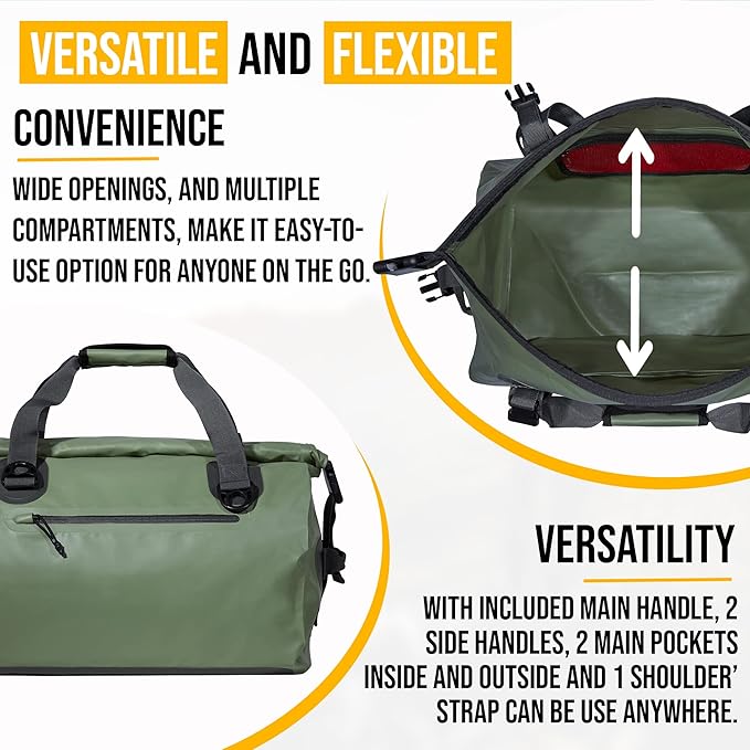 LEGEND Waterproof Duffel Bag - Heavy Duty Duffle Bag for Outdoor, Camping, Boating & Travel, Premium PVC Dry Duffel Bag, Motorcycle Dry Bag with Durable Strap & Handles with Large Storage - 60L Green