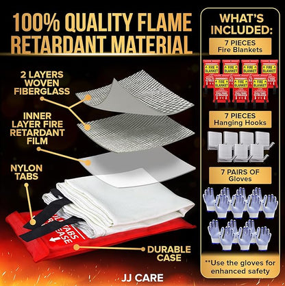 JJ CARE Fire Blanket – 7 Packs with Hooks and Gloves – Emergency Fire Blanket for Home & Kitchen, High Heat Resistant Fire Suppression Blankets for Home Safety, Kitchen, and Camping