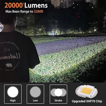 Rechargeable LED Flashlights High Lumens，20000 Lumen Powerful Tactical Flashlight with Zoomable，3 Modes，XHP70 Super Bright Waterproof Flashlights for Emergencies，Camping，Hiking