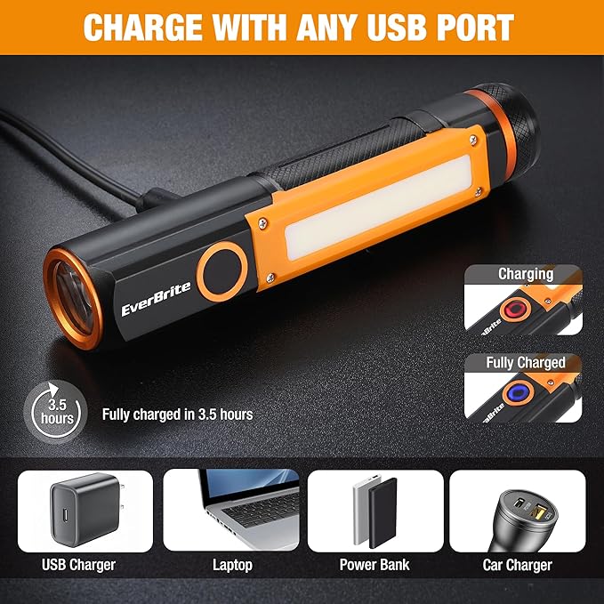 EverBrite Rechargeable LED Emergency Flashlight, 500 Lumens Pocket Flashlight, USB-C Cable, 7 Modes Handheld Flashlights with COB Sidelight, Magnetic Base, Pocket Clip, Light for Camping, Emergency