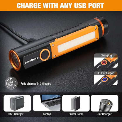 EverBrite Rechargeable LED Emergency Flashlight, 500 Lumens Pocket Flashlight, USB-C Cable, 7 Modes Handheld Flashlights with COB Sidelight, Magnetic Base, Pocket Clip, Light for Camping, Emergency