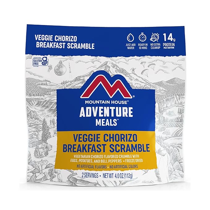 Mountain House Veggie Chorizo Breakfast Scramble 2-Servings & Creamy Macaroni & Cheese 2 Servings Bundle