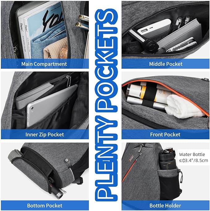 TUDEQU Sling backpack, 8 Pockets Sling Bag Crossbody, 19L Large Sling Bag for Men Travel Crossbody Backpack Hiking Outdoor