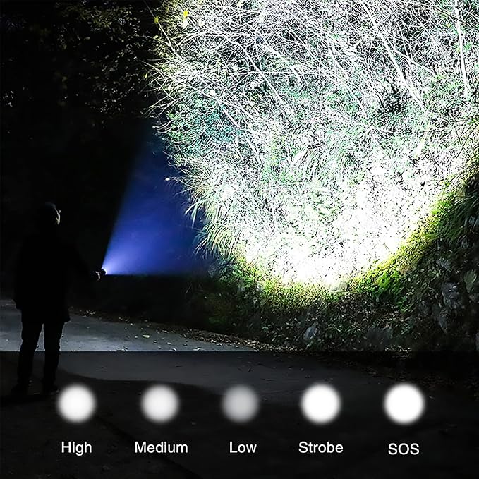 600000 Hign Lumen Handheld Flashlight Rechargeable LED Tactical Flashlight with 5 Modes Waterproof for Camping Hiking Outdoor Biking Emergency Self Defense