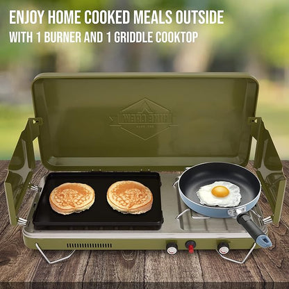 Hike Crew 2-in-1 Gas Camping Stove | Portable Propane Grill/Stove Burner w/Integrated Igniter & Stainless Steel Drip Tray | Built-in Carrying Handle, Foldable Legs & Wind Panels | Includes Regulator