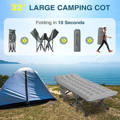 ZENPETIO Oversized XXL Folding Camping Cot, Heavy Duty Sleeping Cot for Adults with Mattress and Pillow, Portable Cot Bed with Carry Bag for Outdoor Camp Travel Home Guest Office, 78x32x18