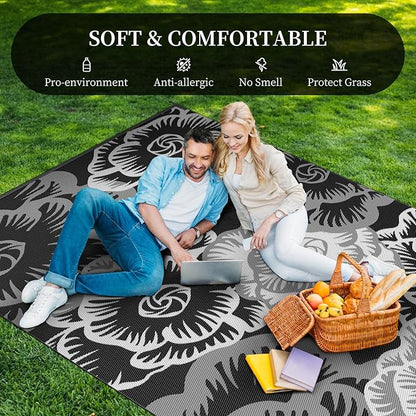 MontVoo Outdoor Rug 9x12 Waterproof Patio Rug-Outdoor Carpet Mat Reversible Plastic Straw Outside Outdoor Rug for RV Camping Picnic Beach Balcony Backyard Pool Deck Porch Farmhouse Floral Black