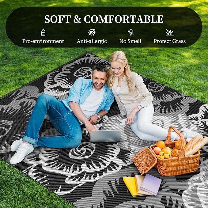 MontVoo Outdoor Rug 8x10 ft Waterproof Patio Rug-Outdoor Carpet Mat Reversible Plastic Straw Outside Outdoor Rug for RV Camping Picnic Beach Balcony Backyard Pool Deck Porch Farmhouse Floral Black