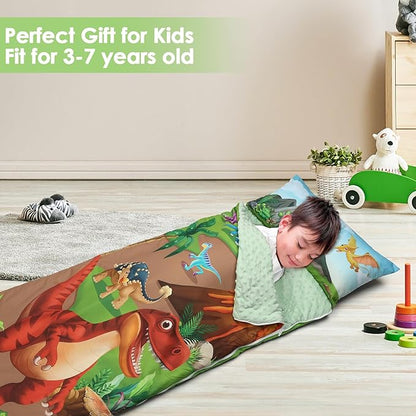 Kids Sleeping Bag Toddler Nap Mat with Removable Pillow, Large Foldable Sleeping Bag for Girls Boys, Easy Clean Slumber Bag with Double Zip for Camping School Preschool Daycare, 59×24 inch