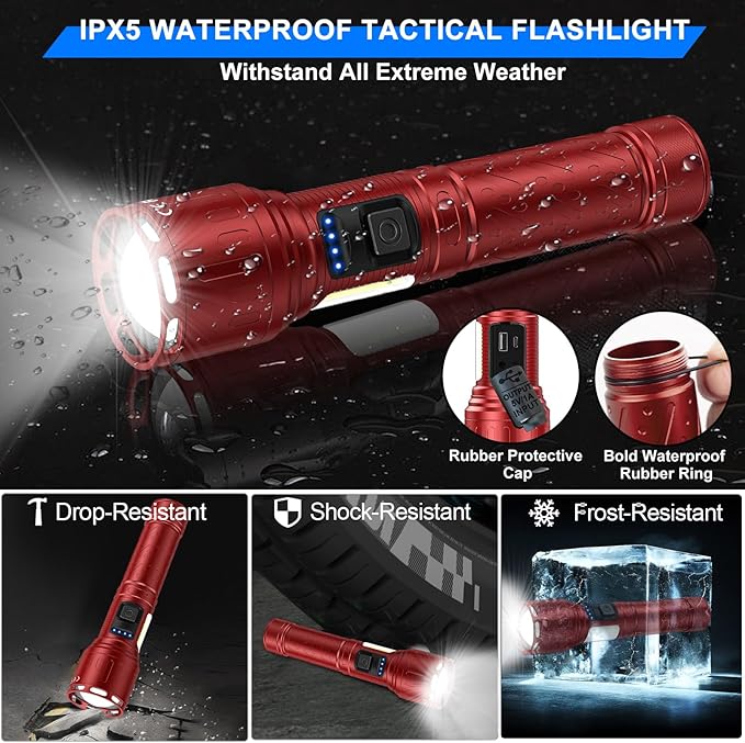 Rechargeable Magnetic Flashlights 100,000 High Lumens, Super Bright LED Powerful Flashlight 8 Modes with COB Work Light, Waterproof Handheld Flash Light for Camping (2 Pack with Paper Box, Red)