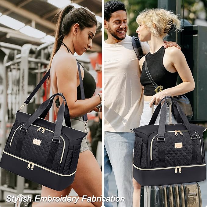 Weitars Women's Gym Duffel Bag - Travel Weekender with Shoes Compartment & Wet Pocket, Large Carry-On Overnight Bag (Black)