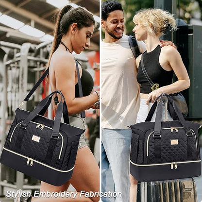 Weitars Women's Gym Duffel Bag - Travel Weekender with Shoes Compartment & Wet Pocket, Large Carry-On Overnight Bag (Black)