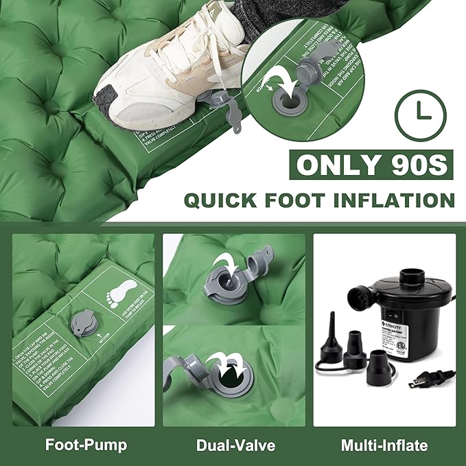 Deluxe 2-Person Sleeping Pad for Camping, Double Ultra-Light Inflatable Camping Mattress with Pillow, Built-in Foot Pump for Backpacking, Hiking & Travel - Includes Carry Bag & Repair Kit