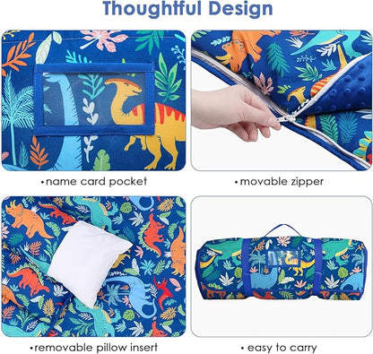 Kids Sleeping Bag Nap Mat with Removable Pillow and Blanket,Extra Thick Large 2 in 1 Slumber Bags for Boys Girls,Toddler Nap Mat for Preschool Daycare Travel Camping