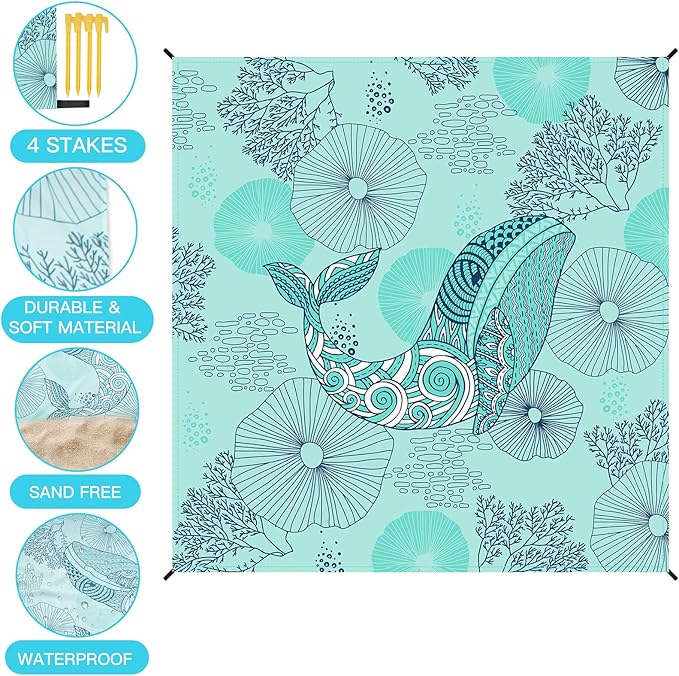 Airensky Beach Blanket Sandproof, Oversized Beach Mat 79" X 82" for 4-7 Adults, Waterproof Beach Blanket Quick Drying Lightweight Blanket with 4 Stakes for Outdoor Travel Camping Hiking(Green Whales)