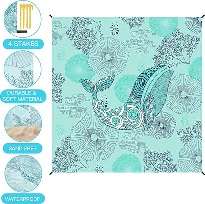 Airensky Beach Blanket Sandproof, Oversized Beach Mat 79" X 82" for 4-7 Adults, Waterproof Beach Blanket Quick Drying Lightweight Blanket with 4 Stakes for Outdoor Travel Camping Hiking(Green Whales)