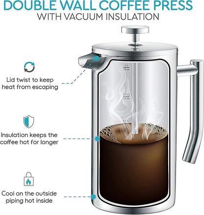 Belwares French Press Coffee Maker - 34 oz Double-Wall Insulated Coffee Press with 4-Level Filtration System, Stainless Steel 1 Liter - Perfect for Camping, Home, or Office