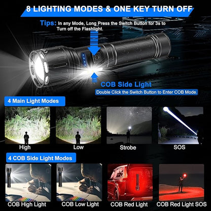 Rechargeable Magnetic Flashlights 100,000 High Lumens, Super Bright LED Powerful Flashlight 8 Modes with COB Work Light, Waterproof Handheld Flash Light for Camping (1 Pack with Paper Box, Black)