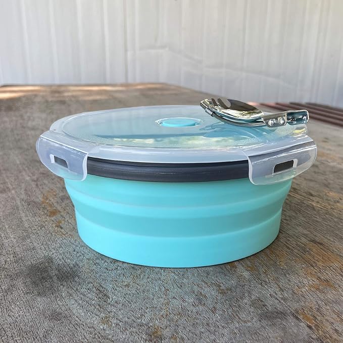 1200ml Collapsible Camping Bowl Silicone Food Storage Container with Lid and Foldable Stainless Steel Fork Spoon, for Picnic, Travel, Camping, RV, Fridge and Microwave Bowls