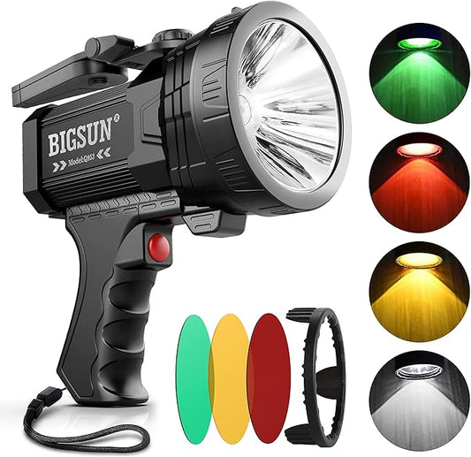 BIGSUN Rechargeable Spotlight, High Lumens 1000,000 LED Flashlight with Three Filter Lens, Built-in 10000mAh Battery Pack, Outdoor Handheld spot Light,for Farm,Hunting,Observe Animals