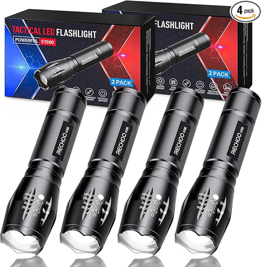 RECHOO Tactical Flashlights 4 Pack, Bright Zoomable LED Flashlights with High Lumens and 5 Modes, Waterproof Portable Pocket Flash Light for Emergency, Camping, and Outdoor Use - S1500