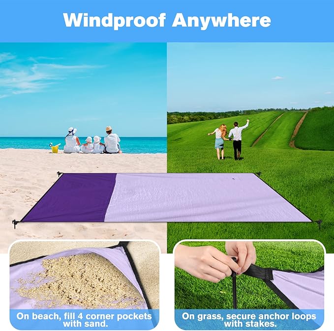 Beach Blanket Waterproof Sandproof Large Beach Mat 79" X 87", Quick Drying Durable Portable Lightweight Outdoor Nylon Picnic Blanket for Travel Camping Hiking, Purple