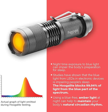 LED Flashlight, Blue Light Blocking, Amber Flashlight by Hooga. 1600K Warm Light for Eye Care, Sleep Aid. AA Battery Included. Adjustable Brightness. Great for Hunting, Camping, Aviation. 2-pack