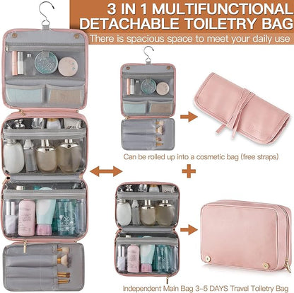 Elviros Hanging Travel Toiletry Bag for Women, 3-in-1 Large Makeup Bag and Cosmetic Organizer, Vegan Leather Waterproof Skincare Case for Travel Size Toiletries and Accessories