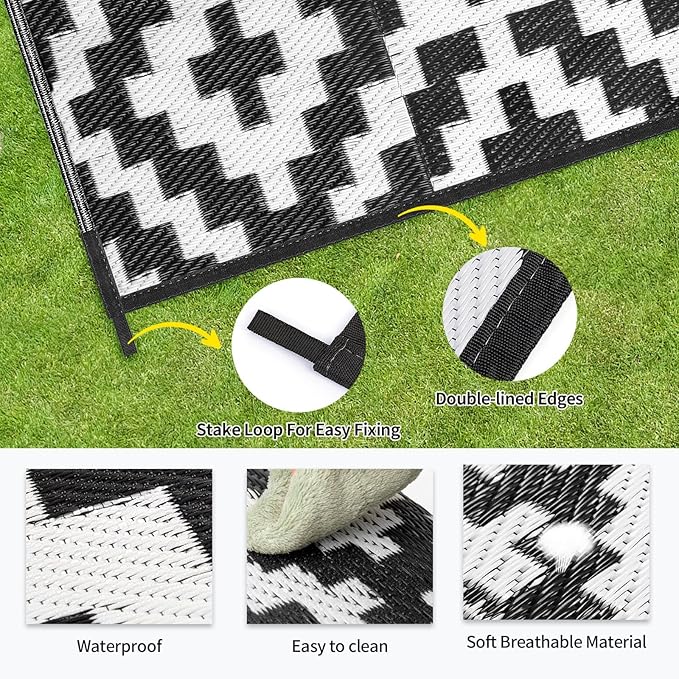 Outdoor Patio Plastic Straw Rug - 5'x8' Outdoor Camping Rug Waterproof Reversible, Area Carpet Patios Clearance RV, Outside Porch Balcony Deck for Camper, Black & White