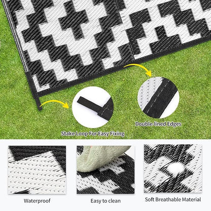 Outdoor Patio Plastic Straw Rug - 5'x8' Outdoor Camping Rug Waterproof Reversible, Area Carpet Patios Clearance RV, Outside Porch Balcony Deck for Camper, Black & White