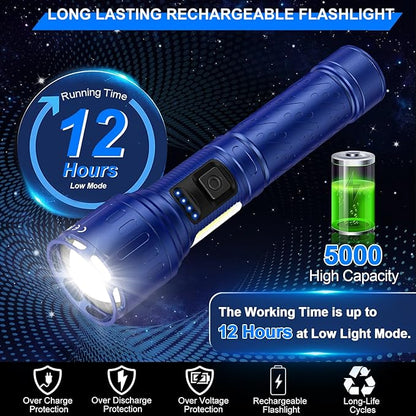 Rechargeable Magnetic Flashlights 100,000 High Lumens, Super Bright LED Powerful Flashlight 8 Modes with COB Work Light, Waterproof Handheld Flash Light for Camping (2 Pack with Paper Box, Blue)