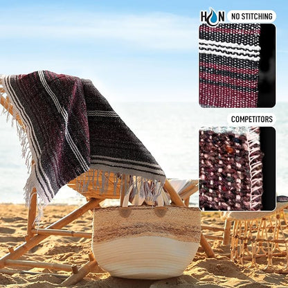 Authentic Large Handwoven Mexican Blanket - Soft Yoga Blanket - Durable Serape Blanket - Lightweight Falsa Blanket, Beach Blanket, Camping Blanket, Picnic Blanket, Outdoor Blanket 70"x50" - Cherry
