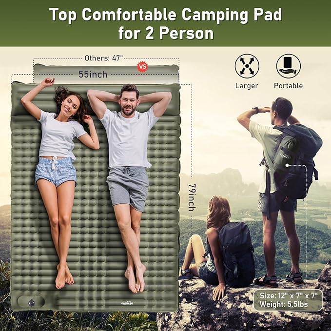 Elegear Double Sleeping Pad for Camping, 4" Ultra-Thick Self Inflating Camping Pad 2 Person with Pillow Built-in Foot Pump Camping Sleeping Mat for Backpacking, Hiking, Portable Camping Pad