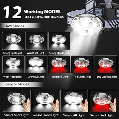 Rechargeable Headlamp, 20000 High Lumen 5 LED Head Lamp with Red White Light,IPX4 Waterproof Headlight,8 Mode Head Flashlight for Outdoor Running Hunting Fishing Hiking Camping Gear-2Pack