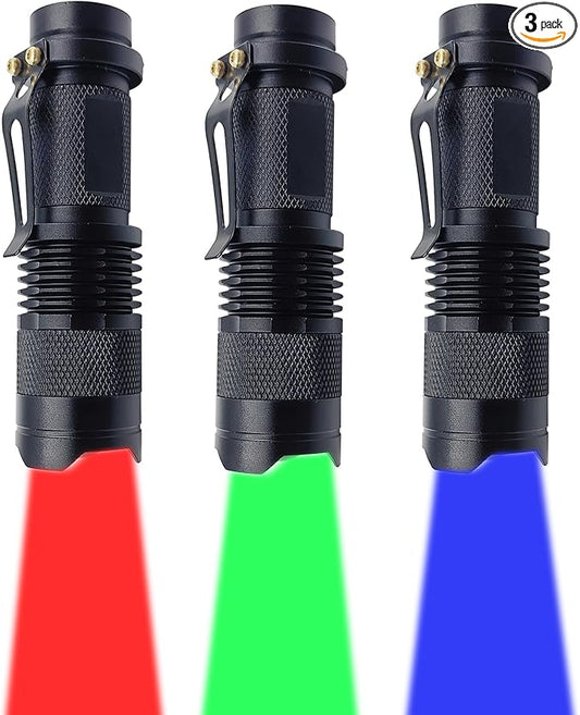 Single Mode LED Flashlight, Red Green Blue Flashlight - Mini Light Portable Zoomable Flashlight for Fishing Camping Hunting Emergency, 3 Pack