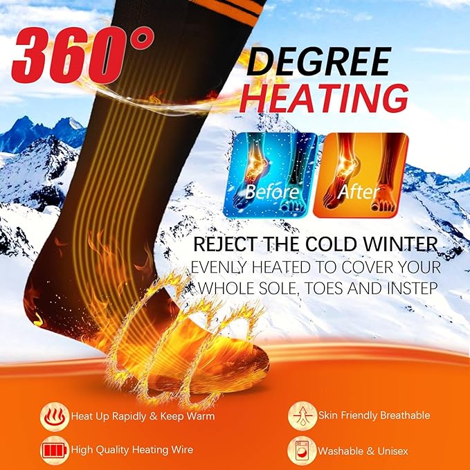 Heated Socks, 5000mAh Electric Heated Socks for Men Women, 3 Levels Rechargeable Battery Heating Socks Washable Ideal for Camping, Hunting & Hiking