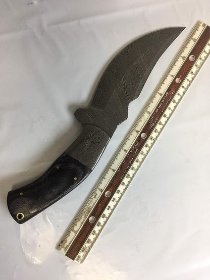11.5" Long Hand Forged Damascus Steel Trailing Point Full Tang Blade Skinning Knife, 2 Tone Black Dollar Wood Scale with Damascus Bolster, Cow Hide Leather Sheath Included