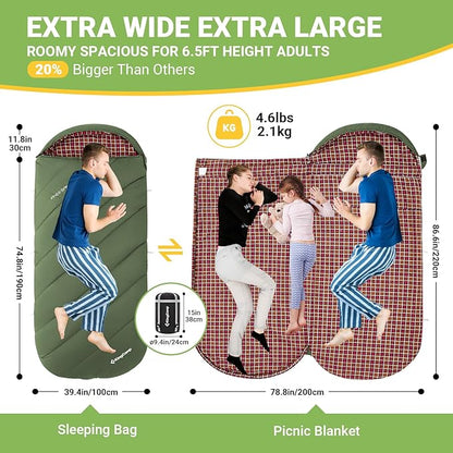 KingCamp Sleeping Bag for Adults, Cold Weather & Warm Extra Wide Big & Tall XL Portable Waterproof Flannel Sleeping Bags, Essentials Gear Accessories for Camping Backpacking Hiking Indoor & Outdoor
