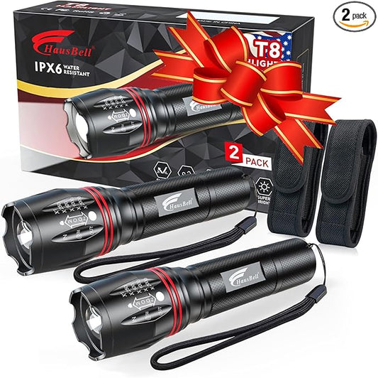 HAUSBELL T8 Upgraded LED Flashlight Bright, Zoomable Tactical LED Flashlights Flash Light with High Lumens and Five Modes and Camping Accessories, 2 Pack